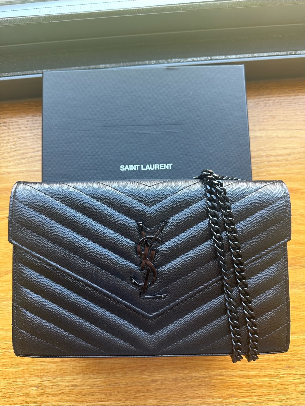 Saint Laurent YSL Black Monogram Envelop Wallet on Chain WOC Black Hardware